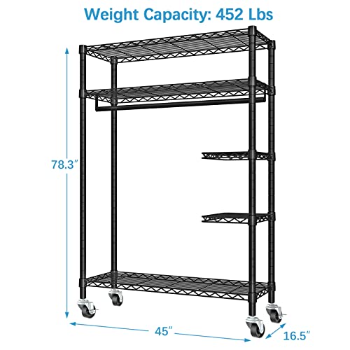 VIPEK V11S Heavy Duty Clothes Racks Wire Clothing Rack With Wheels, Rolling Garment Rack for Hanging Clothes, Portable Closet Freestanding Metal Wardrobe Racks for Storage, Max Load 452lbs, Black