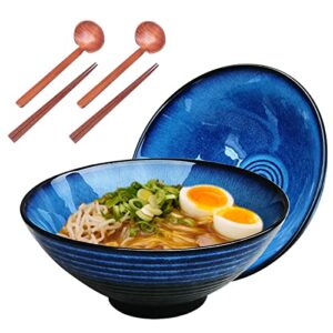 uniidea ramen bowl, japanese ramen bowls set, large ceramic asian pho soup bowl 42 oz with chopsticks and spoon, big noodle bowls blue，2 sets (6 pieces)