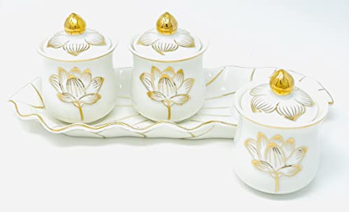 Houlu 3 Altar Cups Set, Ceramic Holy Water Offering Cup, Tibetan Buddhist Worship Cup (White)