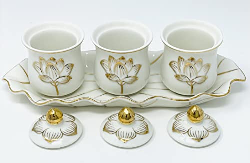 Houlu 3 Altar Cups Set, Ceramic Holy Water Offering Cup, Tibetan Buddhist Worship Cup (White)