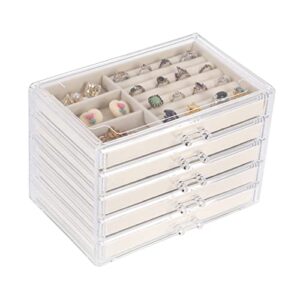 cq acrylic jewelry organizer with 5 drawers clear acrylic jewelry box gift for women mens kids and little girl stackable velvet earring display holder for earrings ring bracelet necklace holder,beige