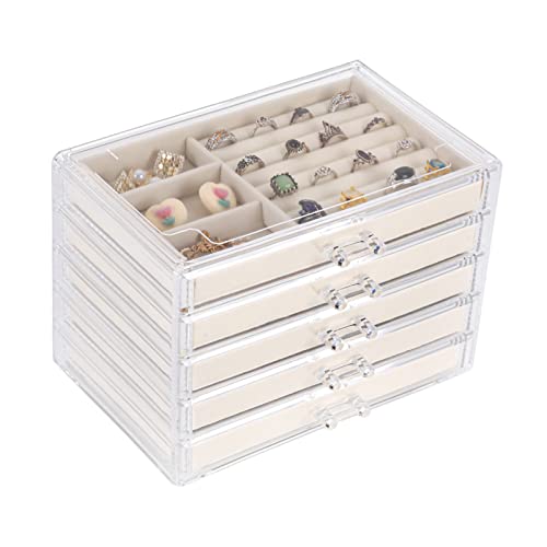 Cq acrylic Jewelry Organizer with 5 Drawers Clear Acrylic Jewelry Box Gift for Women Mens kids and Little Girl Stackable Velvet Earring Display Holder for Earrings Ring Bracelet Necklace Holder,Beige