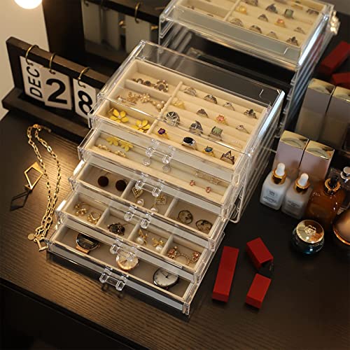Cq acrylic Jewelry Organizer with 5 Drawers Clear Acrylic Jewelry Box Gift for Women Mens kids and Little Girl Stackable Velvet Earring Display Holder for Earrings Ring Bracelet Necklace Holder,Beige