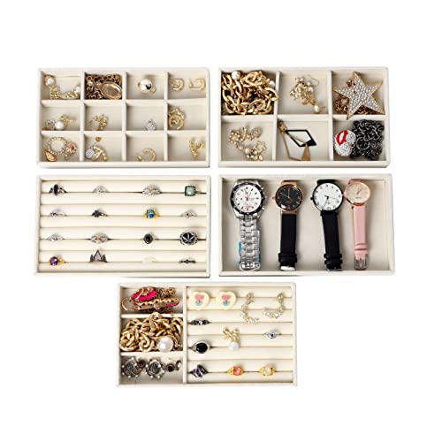 Cq acrylic Jewelry Organizer with 5 Drawers Clear Acrylic Jewelry Box Gift for Women Mens kids and Little Girl Stackable Velvet Earring Display Holder for Earrings Ring Bracelet Necklace Holder,Beige