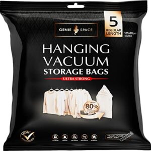 genie space hanging vacuum bags - pack of 5, regular length | premium wardrobe suction storage space saving bags, 41x28in | strong, airtight & reusable for suits, coats & dresses | with travel pump