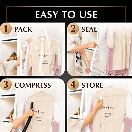 GENIE SPACE Hanging Vacuum Bags - Pack of 5, Regular Length | Premium Wardrobe Suction Storage Space Saving Bags, 41x28in | Strong, Airtight & Reusable for Suits, Coats & Dresses | With Travel Pump