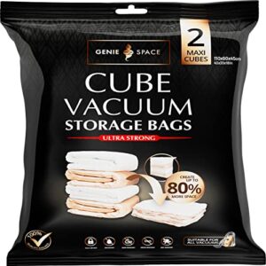 genie space - incredibly strong premium cube space saving vacuum bags | 2 x maxi (43x35x18in) | airtight & reusable | create 80% more space | for clothes, towels, bedding, duvets and more..