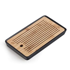 ceramic tea tray, double-layer bamboo tray, for tea table (rectangle, black)