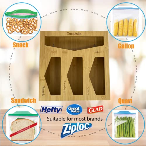 TuckMeIn Ziplock Bag Storage Organizer, Bag Organizer Holders, Bamboo, Gallon, Quart, Snack, Sandwich and Slider Bag Dispenser, Compatible with Ziploc Hefty Glad Solimo