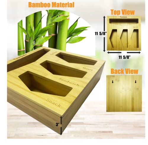 TuckMeIn Ziplock Bag Storage Organizer, Bag Organizer Holders, Bamboo, Gallon, Quart, Snack, Sandwich and Slider Bag Dispenser, Compatible with Ziploc Hefty Glad Solimo