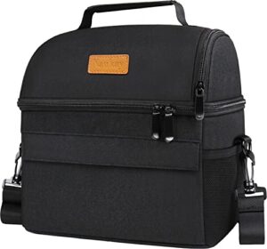 naukay dual compartment lunch bag, lunch box for women men, reusable insulated lunch bags cooler tote box with adjustable shoulder strap for office work picnic hiking beach party fishing- black