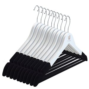 unic hangers - non slip white wooden hangers 10 pack– thin hangers velvet on shoulders and bar for clothes. hangers with 360° swivel hooks. chic wood coat hangers for closet for a classy wardrobe