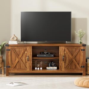 yeshomy modern farmhouse tv stand with two barn doors and storage cabinets for televisions up to 65+ inch, entertainment center console table, media furniture for living room, 58 inch, walnut