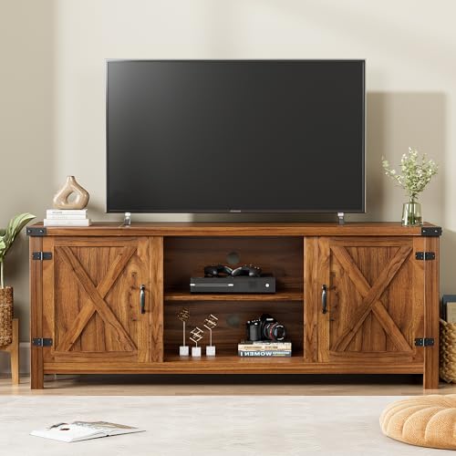 YESHOMY Modern Farmhouse TV Stand with Two Barn Doors and Storage Cabinets for Televisions up to 65+ Inch, Entertainment Center Console Table, Media Furniture for Living Room, 58 Inch, Walnut