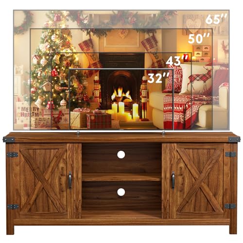 YESHOMY Modern Farmhouse TV Stand with Two Barn Doors and Storage Cabinets for Televisions up to 65+ Inch, Entertainment Center Console Table, Media Furniture for Living Room, 58 Inch, Walnut