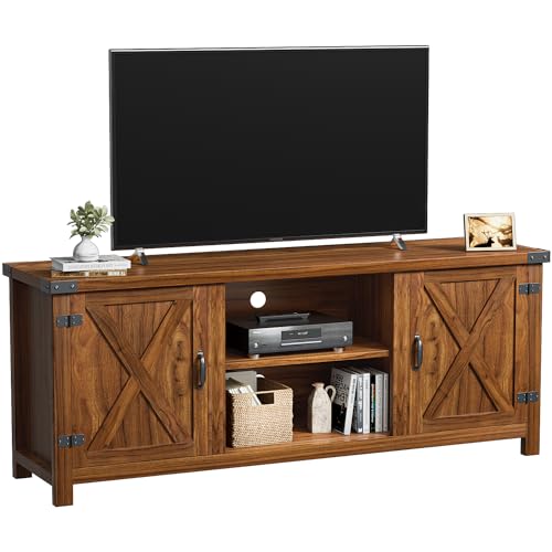 YESHOMY Modern Farmhouse TV Stand with Two Barn Doors and Storage Cabinets for Televisions up to 65+ Inch, Entertainment Center Console Table, Media Furniture for Living Room, 58 Inch, Walnut