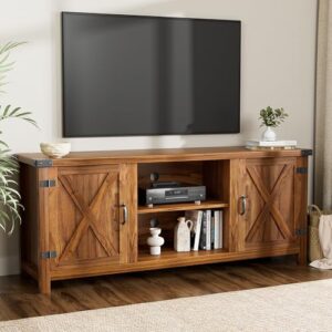 YESHOMY Modern Farmhouse TV Stand with Two Barn Doors and Storage Cabinets for Televisions up to 65+ Inch, Entertainment Center Console Table, Media Furniture for Living Room, 58 Inch, Walnut