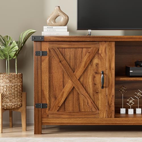 YESHOMY Modern Farmhouse TV Stand with Two Barn Doors and Storage Cabinets for Televisions up to 65+ Inch, Entertainment Center Console Table, Media Furniture for Living Room, 58 Inch, Walnut