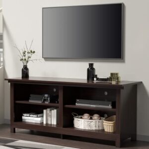 yeshomy classic 4 cubby tv stand for televisions up to 65+ inch, media entertainment center console table with four open storage shelves & cabinets, 58 inch, 23.42” h x 15.75” d x 58.13” l, espresso