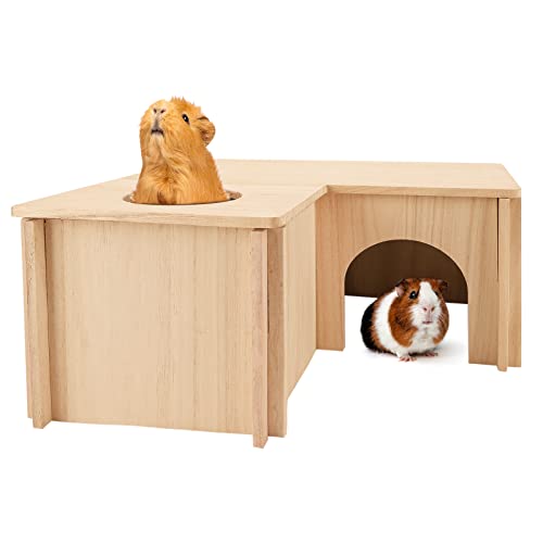 PAWCHIE Guinea Pig Hideout Hamster House with Multi-Rooms - Small Animals Pets Hideout Multi-Chamber Wooden Hut Habitats Decor Tunnel for Guinea Pigs, Hamsters, Chinchillas