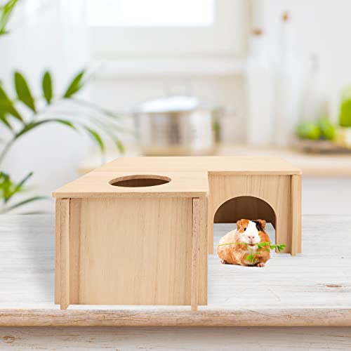 PAWCHIE Guinea Pig Hideout Hamster House with Multi-Rooms - Small Animals Pets Hideout Multi-Chamber Wooden Hut Habitats Decor Tunnel for Guinea Pigs, Hamsters, Chinchillas