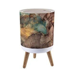 small trash can with lid fluid art abstract colorful mixing acrylic paints modern art marble garbage bin wood waste bin press cover round wastebasket for bathroom bedroom kitchen 7l/1.8 gallon