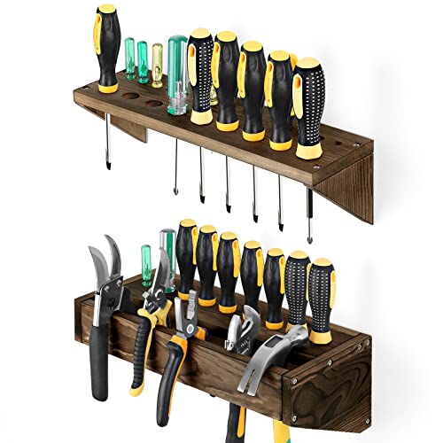 Screwdriver Organizer Wall Mount Pliers Hammer Storage Holder Wood Hand Tool Storage Rack Wrench Holder Organizer for Workshop Workbench Yard Garage Garden, 2-Pack (Brown)