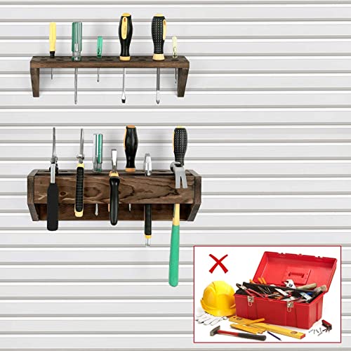 Screwdriver Organizer Wall Mount Pliers Hammer Storage Holder Wood Hand Tool Storage Rack Wrench Holder Organizer for Workshop Workbench Yard Garage Garden, 2-Pack (Brown)