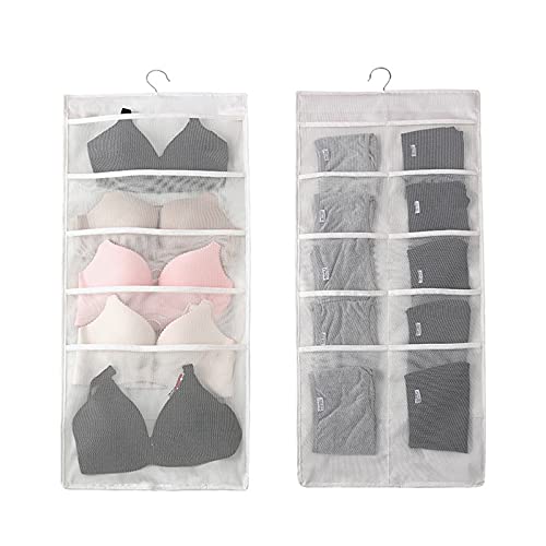 YUNZSXJY Durable Hanging Closet Organizer for Underwear Double Sided with Mesh Pockets,Space Saving Storage Pocket Bra Clothes Socks Organizer Home Basics. (Gray, 2PCS 5+10 Pockets)