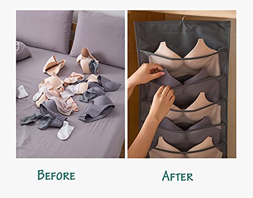 YUNZSXJY Durable Hanging Closet Organizer for Underwear Double Sided with Mesh Pockets,Space Saving Storage Pocket Bra Clothes Socks Organizer Home Basics. (Gray, 2PCS 5+10 Pockets)