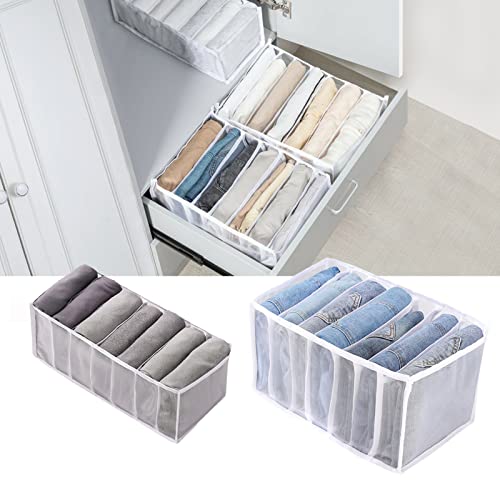 Wardrobe Clothes Organizer (2 Pack ), 7 Grids Washable Foldable Closet Drawer Organizer Clothes Drawer Mesh Separation Box, Nylon Jeans Leggings Drawer Dividers Large Clothes Storage Box (2Pcs White)