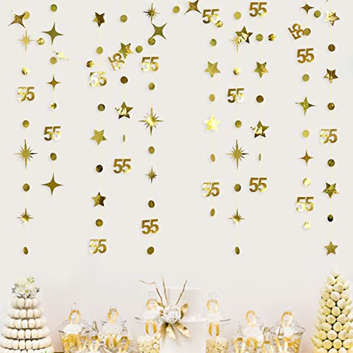 Gold 55th Birthday Decorations Number 55 Circle Dot Twinkle Star Garland Metallic Hanging Streamer Bunting Banner Backdrop for 55 Year Old Birthday Happy 55th Anniversary Fifty Five Party Supplies