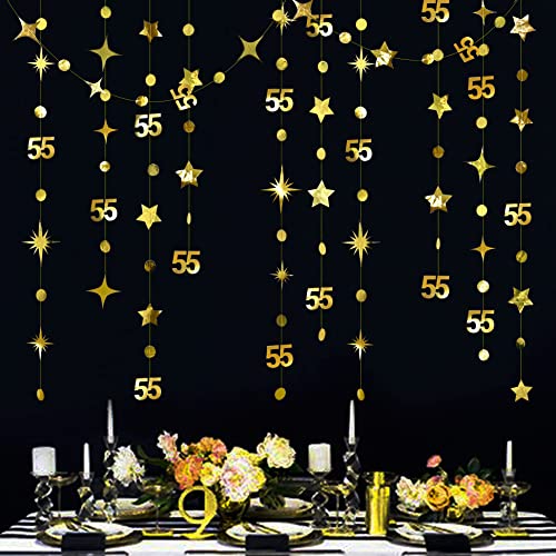 Gold 55th Birthday Decorations Number 55 Circle Dot Twinkle Star Garland Metallic Hanging Streamer Bunting Banner Backdrop for 55 Year Old Birthday Happy 55th Anniversary Fifty Five Party Supplies