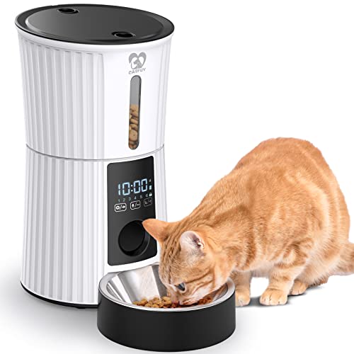 Casfuy Automatic Cat Feeders - 4L Auto Timed Pet Feeder Dry Food Dispenser for Dogs & Cats with Voice Recorder Portions Control Slow Feed Dual Power Supply 6 Meals Per Day