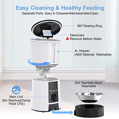 Casfuy Automatic Cat Feeders - 4L Auto Timed Pet Feeder Dry Food Dispenser for Dogs & Cats with Voice Recorder Portions Control Slow Feed Dual Power Supply 6 Meals Per Day