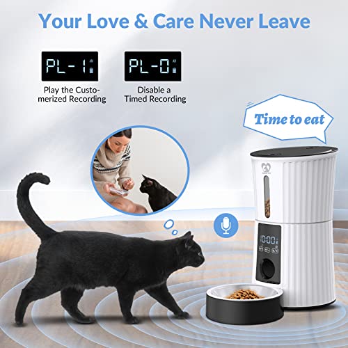 Casfuy Automatic Cat Feeders - 4L Auto Timed Pet Feeder Dry Food Dispenser for Dogs & Cats with Voice Recorder Portions Control Slow Feed Dual Power Supply 6 Meals Per Day