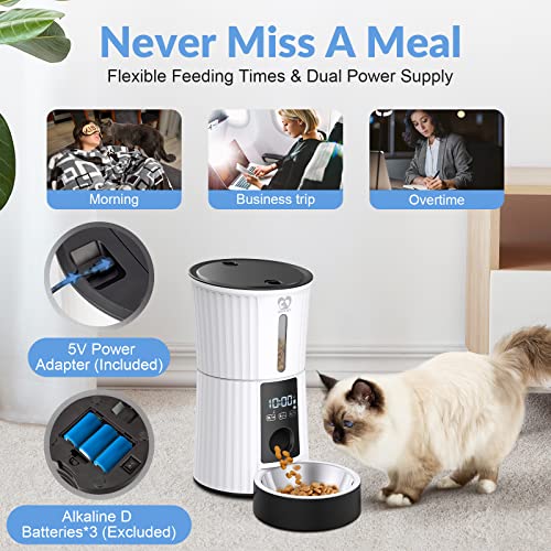 Casfuy Automatic Cat Feeders - 4L Auto Timed Pet Feeder Dry Food Dispenser for Dogs & Cats with Voice Recorder Portions Control Slow Feed Dual Power Supply 6 Meals Per Day