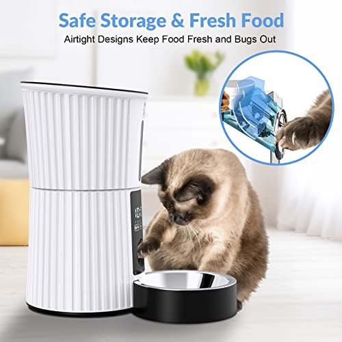 Casfuy Automatic Cat Feeders - 4L Auto Timed Pet Feeder Dry Food Dispenser for Dogs & Cats with Voice Recorder Portions Control Slow Feed Dual Power Supply 6 Meals Per Day