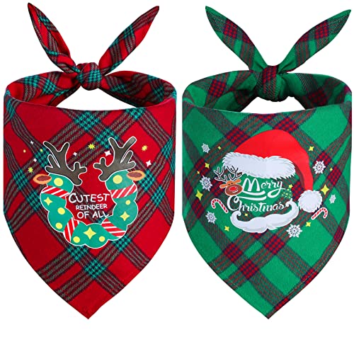 2 Pack Dog Bandana Christmas for Puppy Small Medium Large Dogs Cats Pets Outfit Classic Plaid Pets Scarf Triangle Bibs Merry Christmas Bandana Santa Costume Accessories(Red, Green(New))