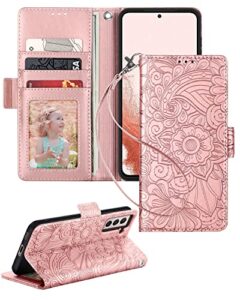 petocase samsung galaxy s22 wallet case - embossed mandala floral leather, wristlet shockproof, id & card slots, rose gold