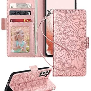 Petocase Samsung Galaxy S22 Wallet Case - Embossed Mandala Floral Leather, Wristlet Shockproof, ID & Card Slots, Rose Gold