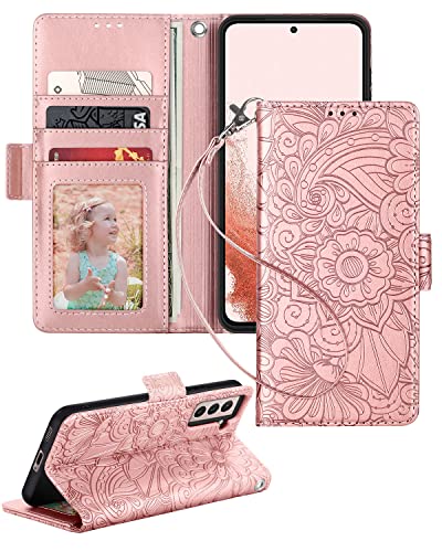 Petocase Samsung Galaxy S22 Wallet Case - Embossed Mandala Floral Leather, Wristlet Shockproof, ID & Card Slots, Rose Gold