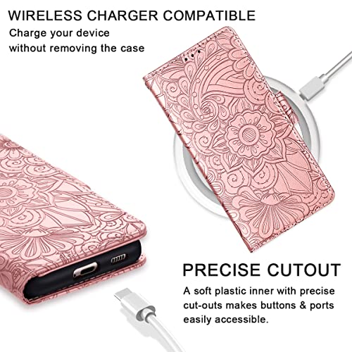 Petocase Samsung Galaxy S22 Wallet Case - Embossed Mandala Floral Leather, Wristlet Shockproof, ID & Card Slots, Rose Gold