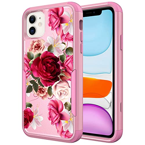 Compatible for Apple iPhone 11 Cases, Pink Cute Women & Girls Heavy Duty [ Red Rose Floral ] Cover with [ Shockproof ] Protective Flower Phone Case for iPhone 11 -TQ RR