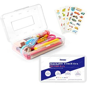 sooez pencil box clear, plastic pencil case, hard pencil case with stickers, clear crayon box, large plastic pencil boxes with lid, stackable supply boxes, pencil case box for kids school boys