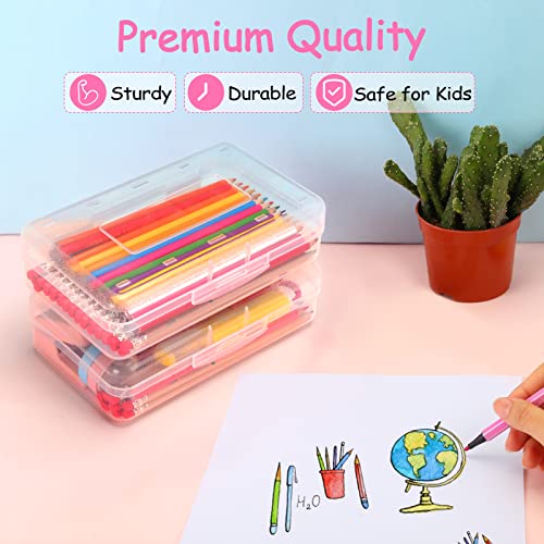 Sooez Pencil Box Clear, Plastic Pencil Case, Hard Pencil Case with Stickers, Clear Crayon Box, Large Plastic Pencil Boxes with Lid, Stackable Supply Boxes, Pencil Case Box for Kids School Boys