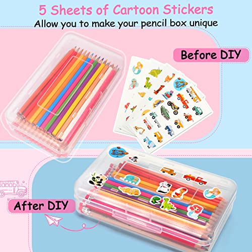 Sooez Pencil Box Clear, Plastic Pencil Case, Hard Pencil Case with Stickers, Clear Crayon Box, Large Plastic Pencil Boxes with Lid, Stackable Supply Boxes, Pencil Case Box for Kids School Boys