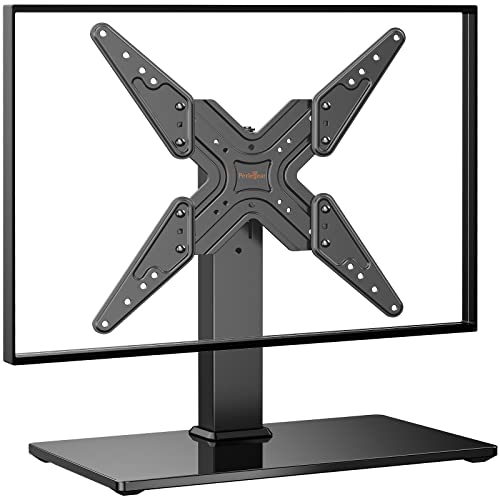 PERLEGEAR Universal TV Stand Base, Swivel Table Top TV Stand for 26-50 Inch TV and Monitor, Height Adjustable VESA Monitor Stand with Tempered Glass Base Holds up to 88lbs, Max VESA 400x400mm