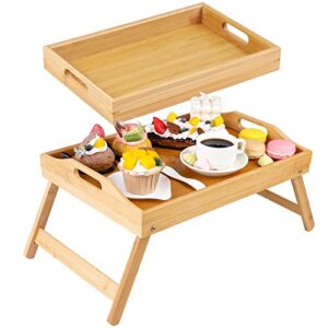 aodaer 2 pack natural bed tray table with folding legs kids portable serving platters tray with handles large serving tray breakfast food tray for bed, sofa, kitchen, eating, working