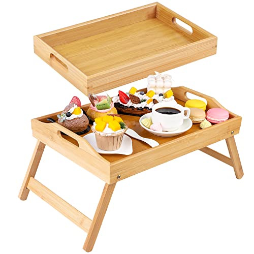 Aodaer 2 Pack Natural Bed Tray Table with Folding Legs Kids Portable Serving Platters Tray with Handles Large Serving Tray Breakfast Food Tray for Bed, Sofa, Kitchen, Eating, Working